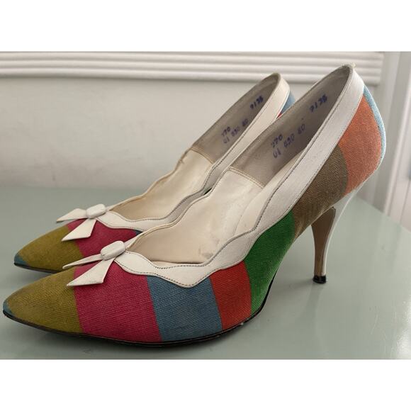 VTG 1960s Davito Color Block Heel Sz 7.5 Rainbow Fabric Retro Striped Pump Bow - Picture 1 of 9